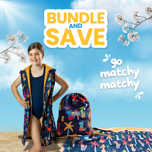 Dinosaur print schmik swim parka, swim towel and swim bag in dinosaur print