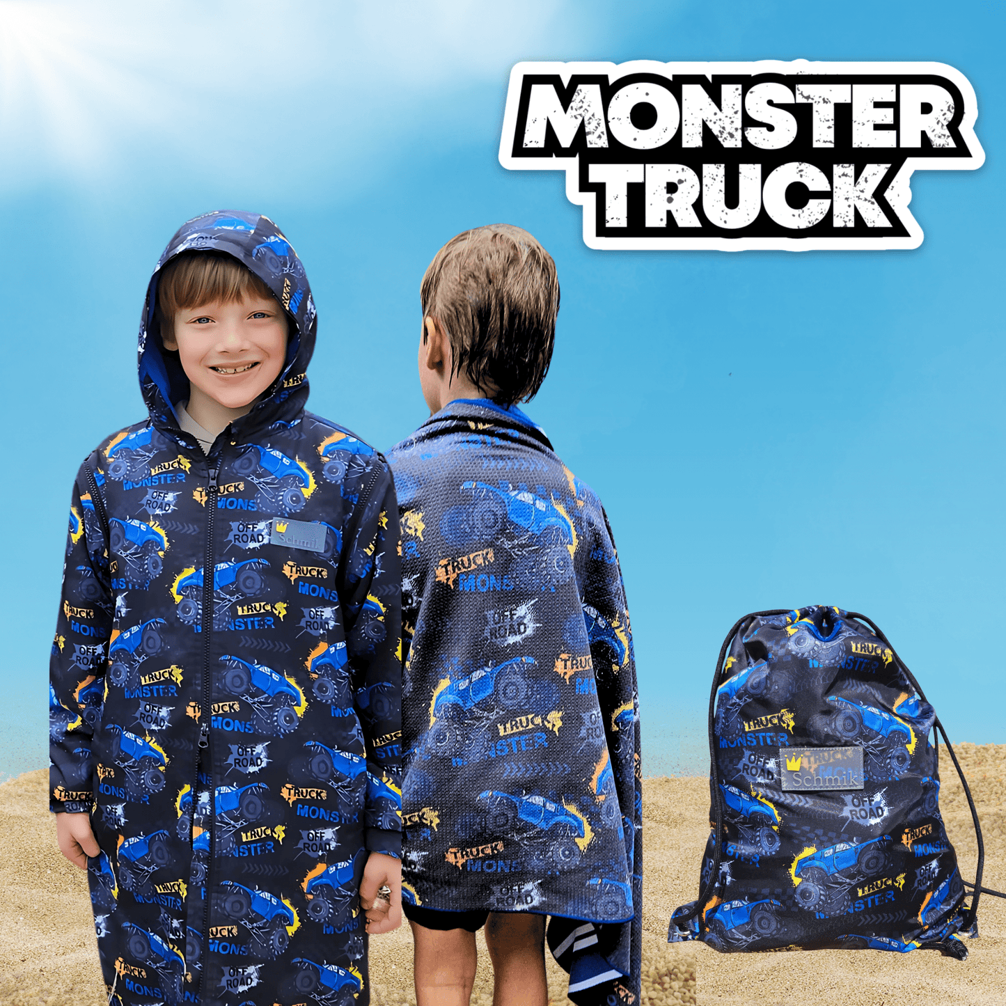 Monster Truck kids swim parka with removable sleeves, towel lining, and matching bag