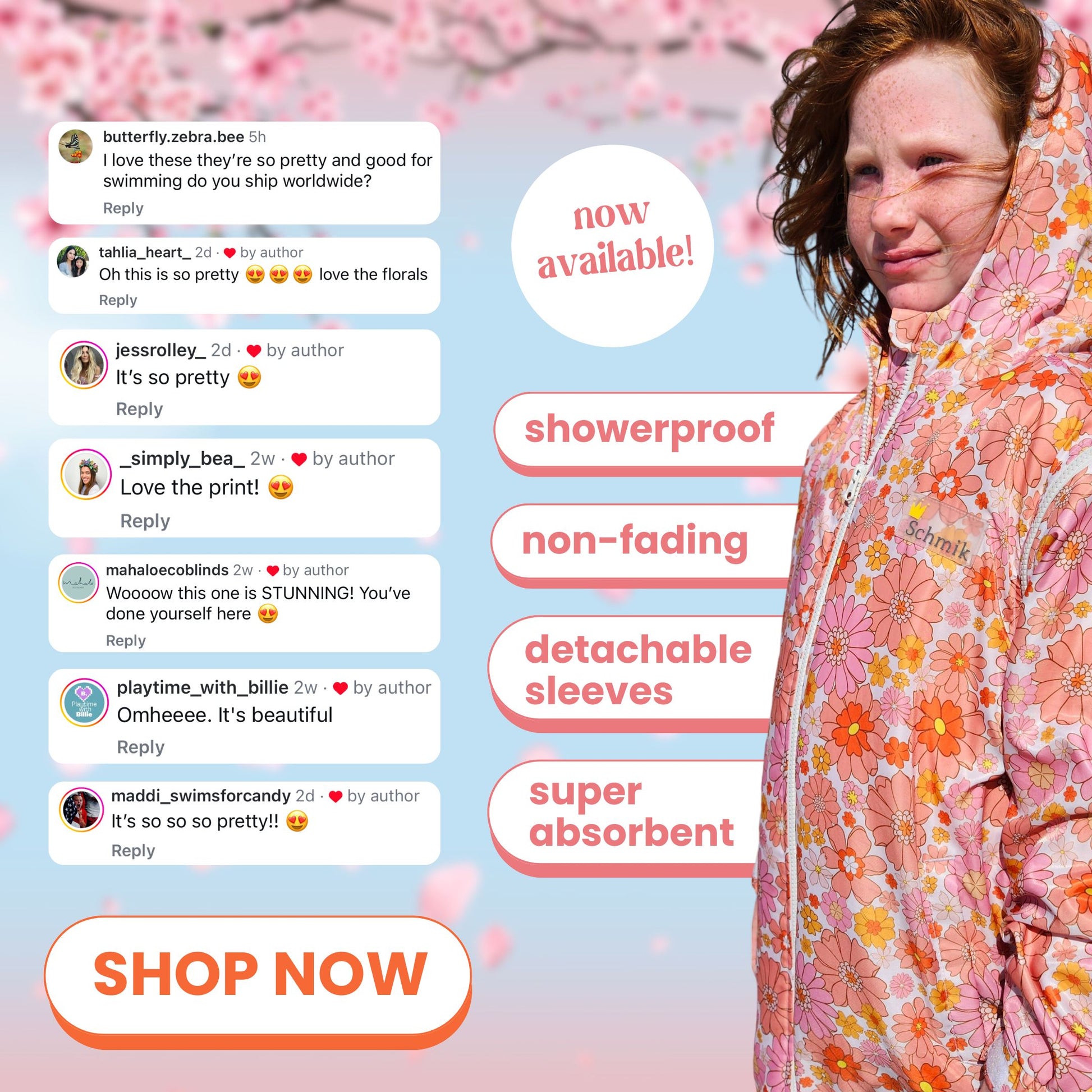 Schmik kids swim parka in Vintage Bloom, stylish, functional, and comfortable for beach outings, pool days, and swimming lessons