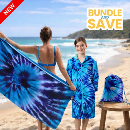Blue Tie Dye Bundle | Kids Swim Parka, Sand-Free Towel & Swim Bag