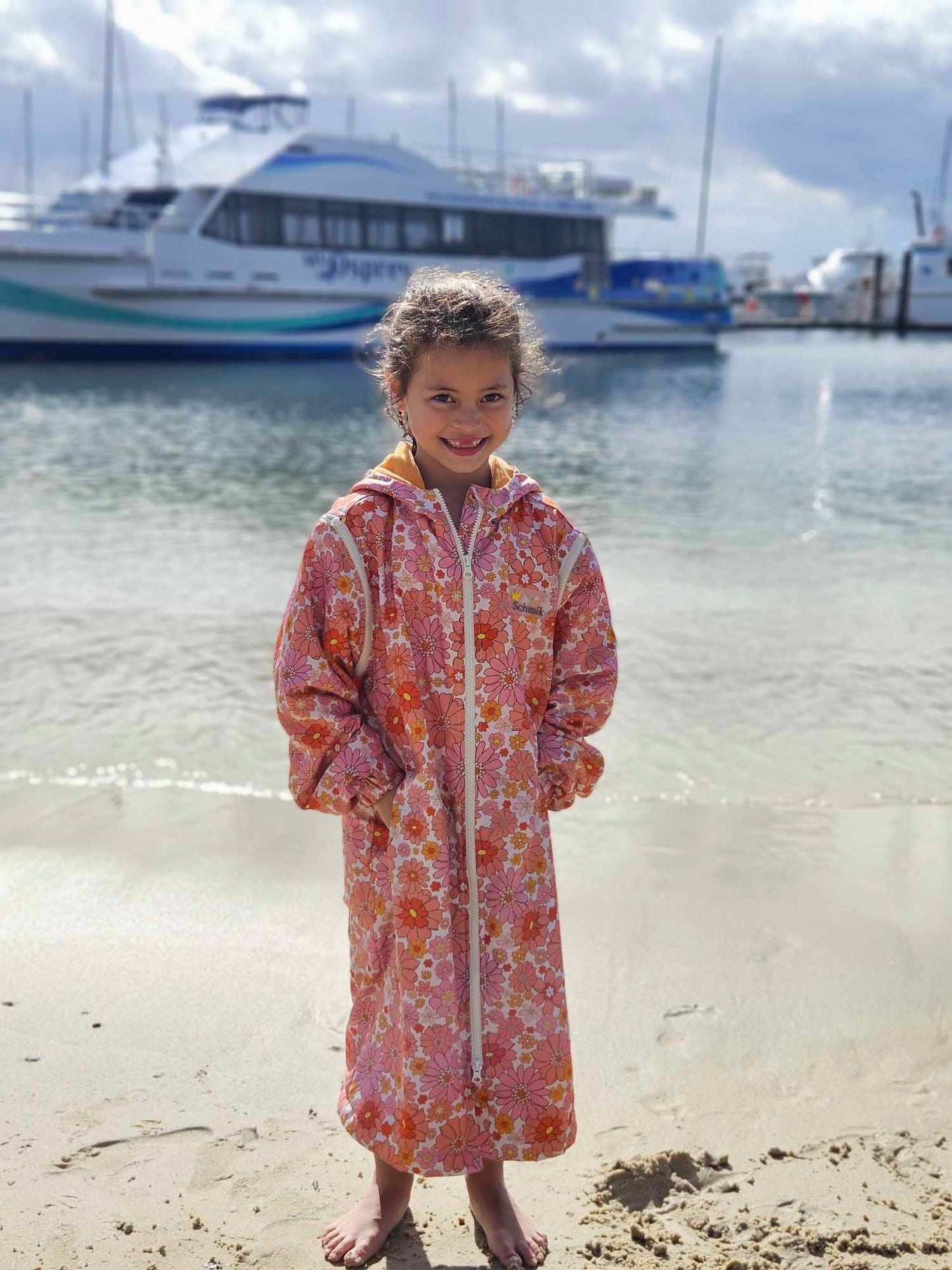Schmik swim parka in Vintage Bloom, stylish, functional, and comfortable for beach outings, pool days, and swimming lessons