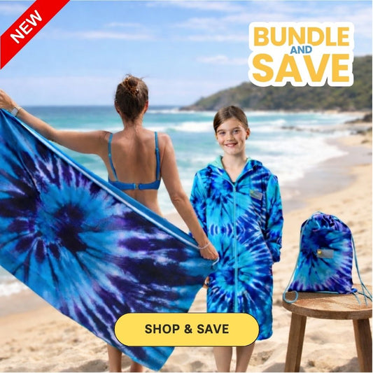 Blue Tie Dye Bundle | Kids Swim Parka, Sand-Free Towel & Swim Bag