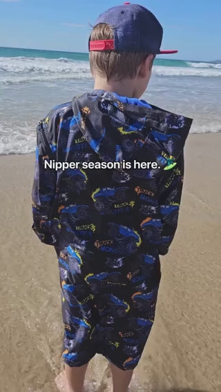 Versatile Monster Truck Parka for kids, warm, dry, towel-lined, and stylish, perfect for swimming, boating, or camping