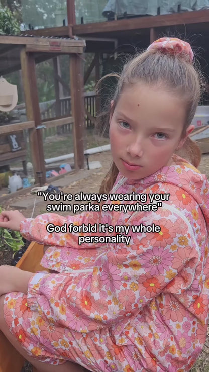 Schmik Swim Parka in Vintage Bloom, versatile removable sleeves, quick-dry polyester lining, perfect for post-swim warmth