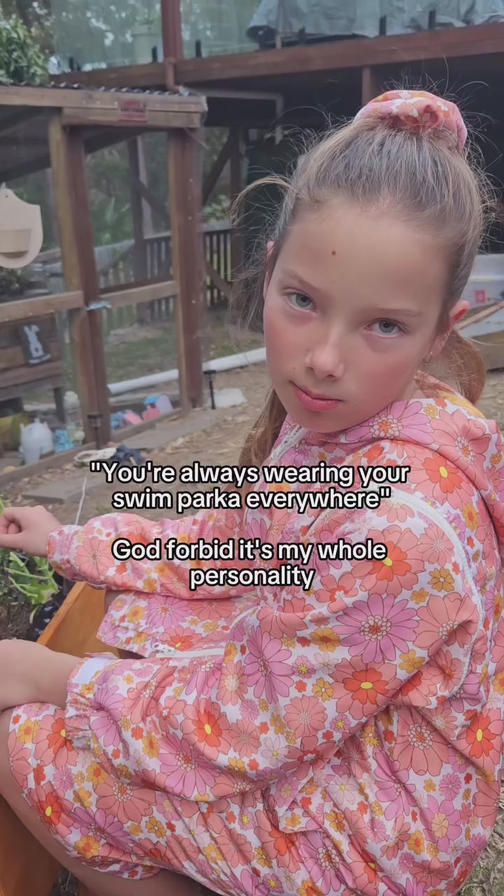 Schmik Swim Parka in Vintage Bloom, versatile removable sleeves, quick-dry polyester lining, perfect for post-swim warmth