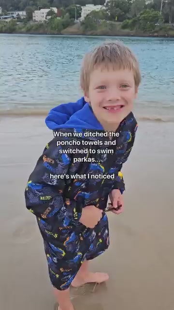 Versatile Monster Truck Parka for kids, warm, dry, towel-lined, and stylish, perfect for swimming, boating, or camping