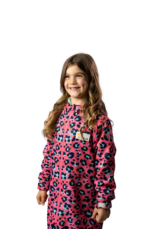 Animal print swim parka worn by child