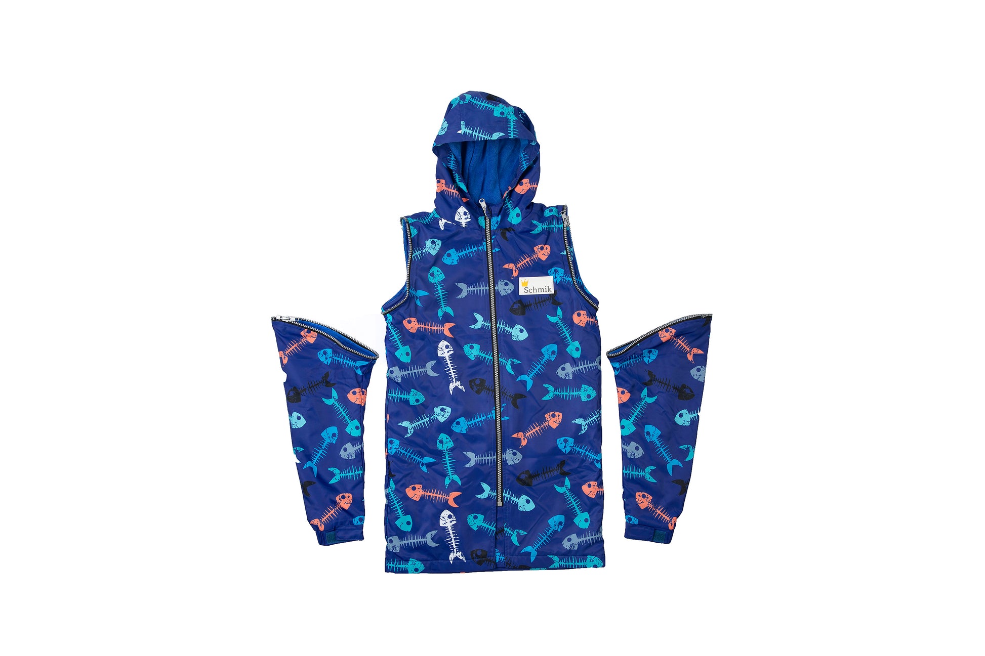 Picture of Schmik fishbone print swim parka with the arms unzipped. Every Schmik swim parka comes with removable arms. Swim parka can be worm in both summer and winter.