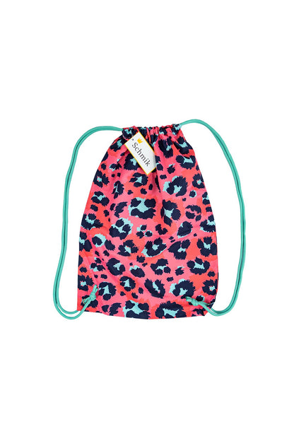 Animal print in coral and turquoise colour. Schmik drawstring swim bag. 